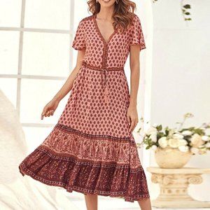 SHEIN Women's Paisley & Floral Print Tassel Drawstring Babydoll Dress SMALL